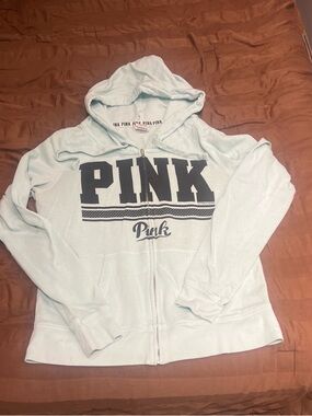 PINK Victoria's Secret Light Blue Zip-Up Hoodie with Black Logo
